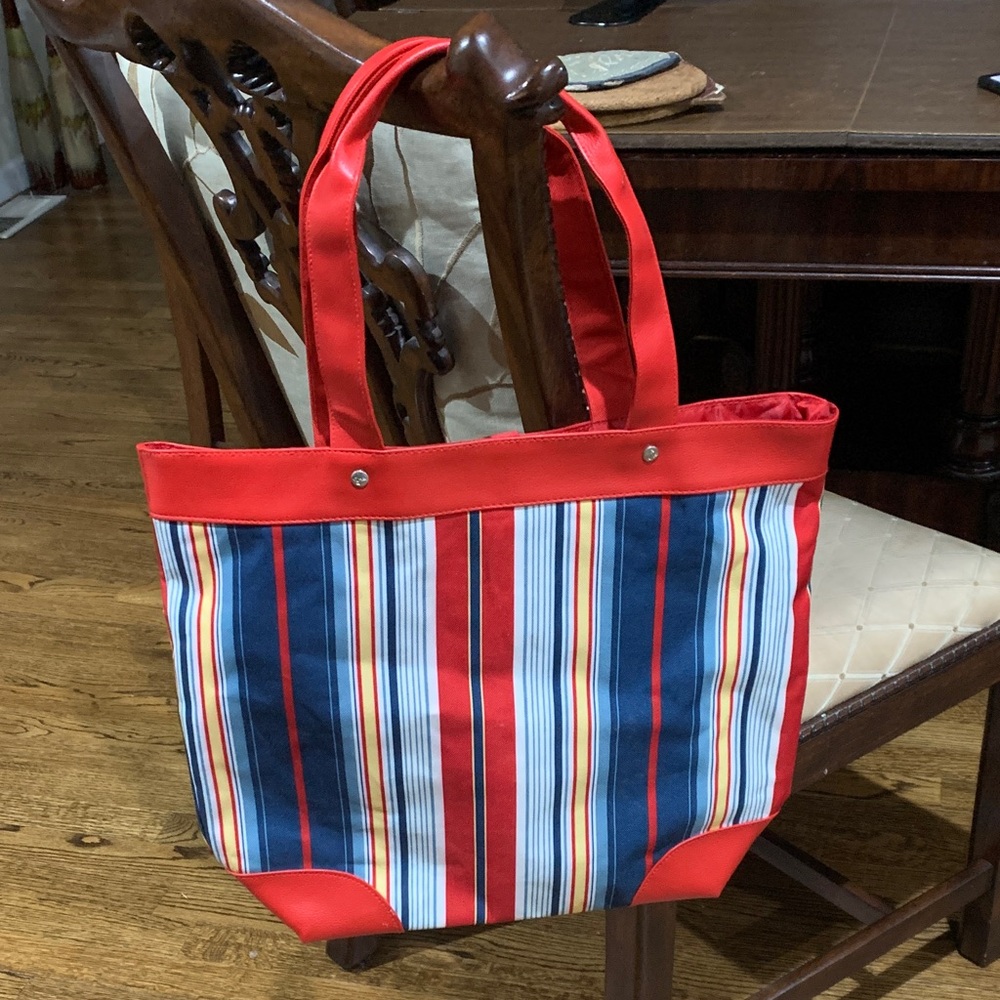 Lancome Vibrant Red and Blue Striped Tote
